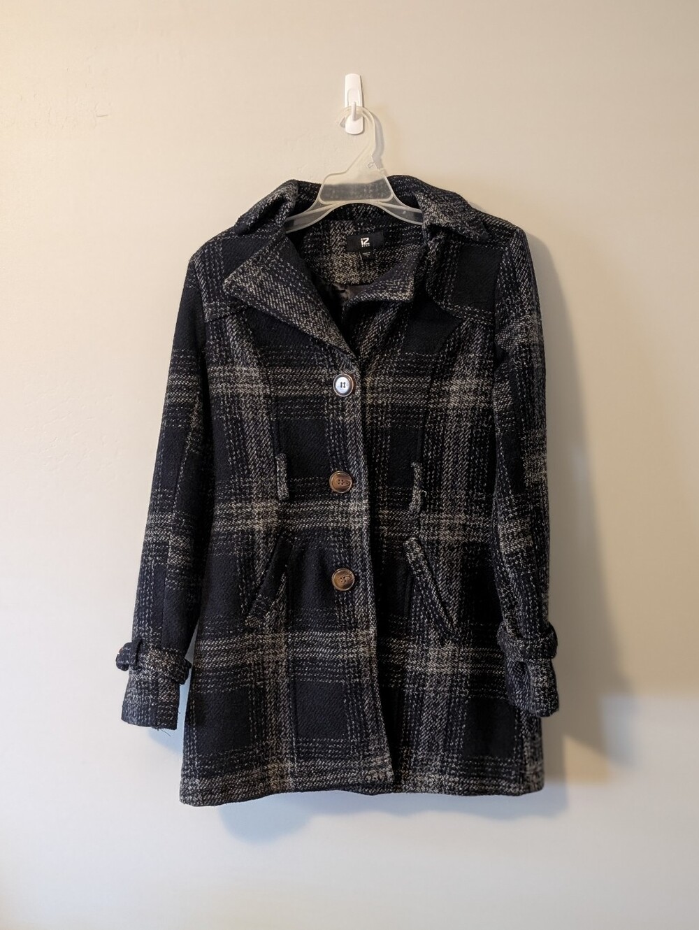 Iz Byer Black and Gray Plaid Pea Coat